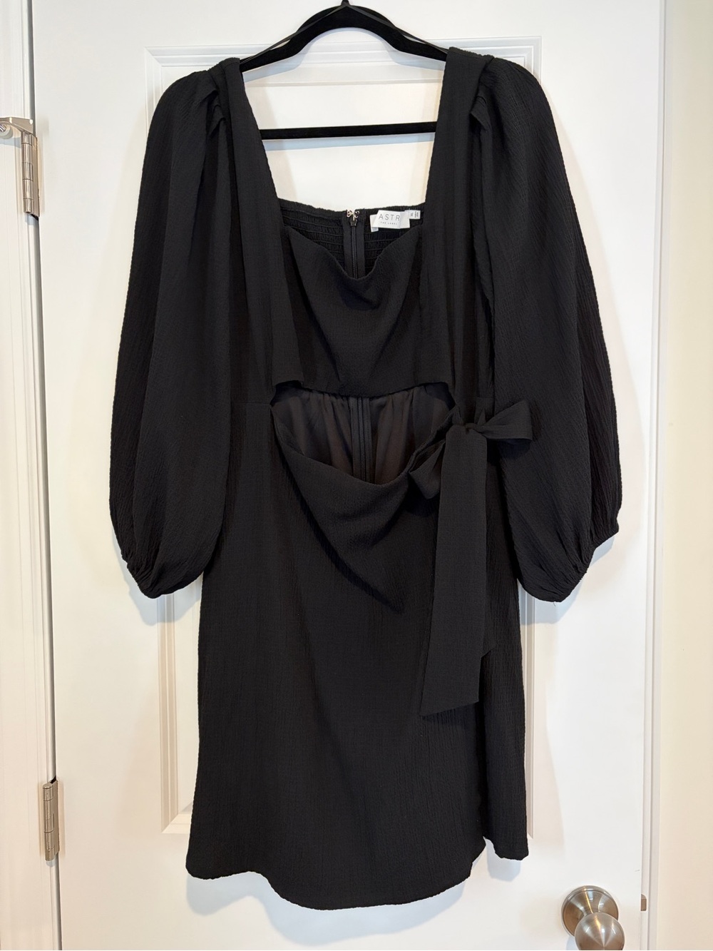 Astr Black Puff-Sleeve Cutout Mini Dress with Side Tie